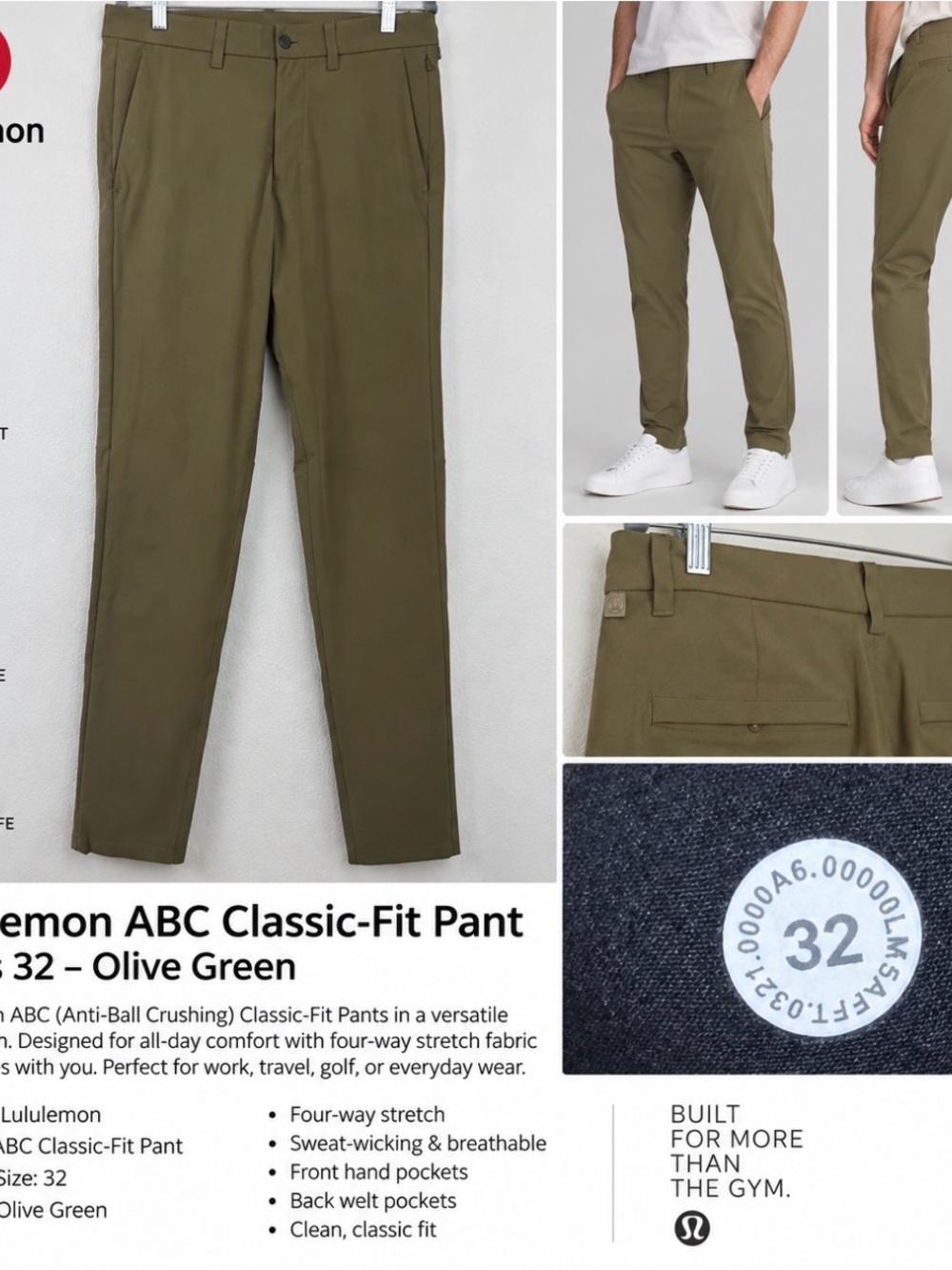Lululemon ABC Classic-Fit Pants Men’s 32 Olive Green Stretch Performance